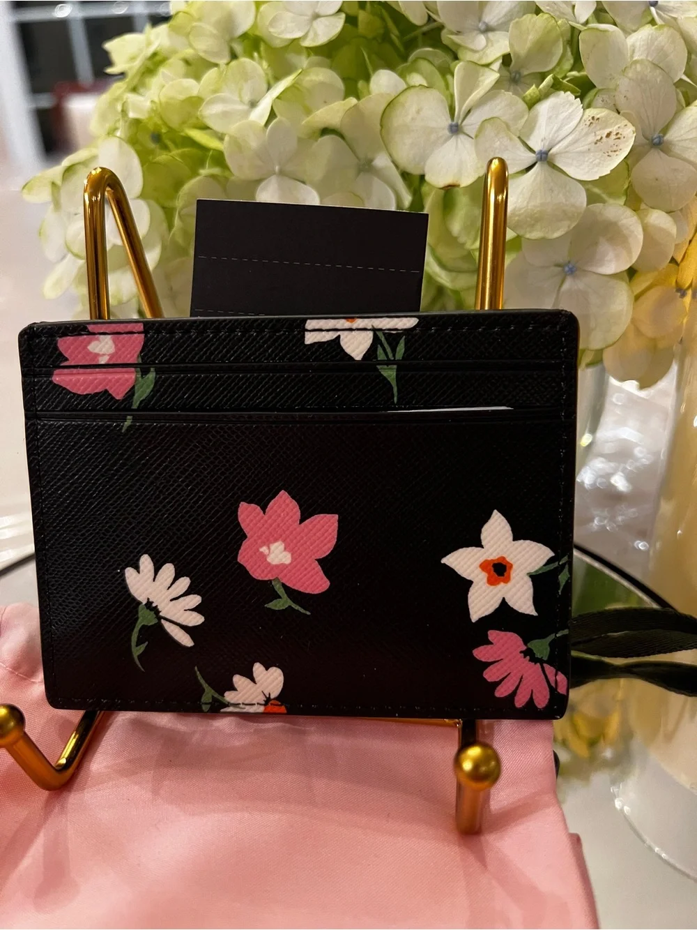 Kate Spade Madison Floral Small Slim Card Holder Black Pink NWT $89